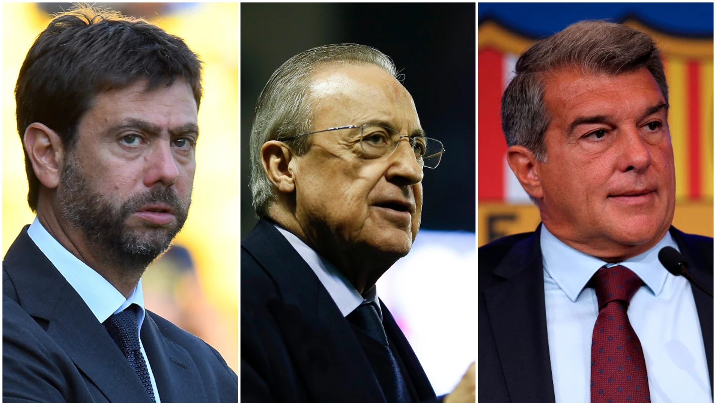 De izquierda a derecha: Agnelli, Florentino Pérez y Joan Laporta De izquierda a derecha: Agnelli, Florentino Pérez y Joan Laporta