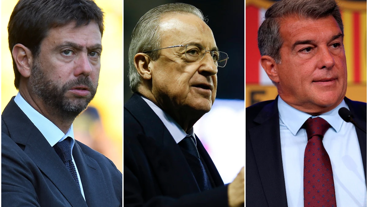 De izquierda a derecha: Agnelli, Florentino Pérez y Joan Laporta