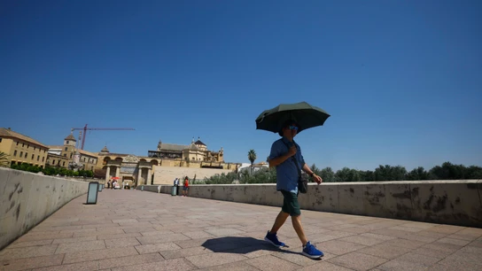 Un turista se resguarda del sol bajo un paraguas mientras camina por el Puente Romano de Córdoba. Ola de calor