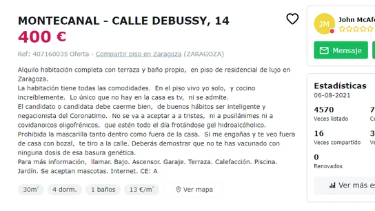 El surrealista anuncio para alquilar una habitación: "Solo negacionistas. Si te veo con mascarilla, te echo" El surrealista anuncio para alquilar una habitación: "Solo negacionistas. Si te veo con mascarilla, te echo"