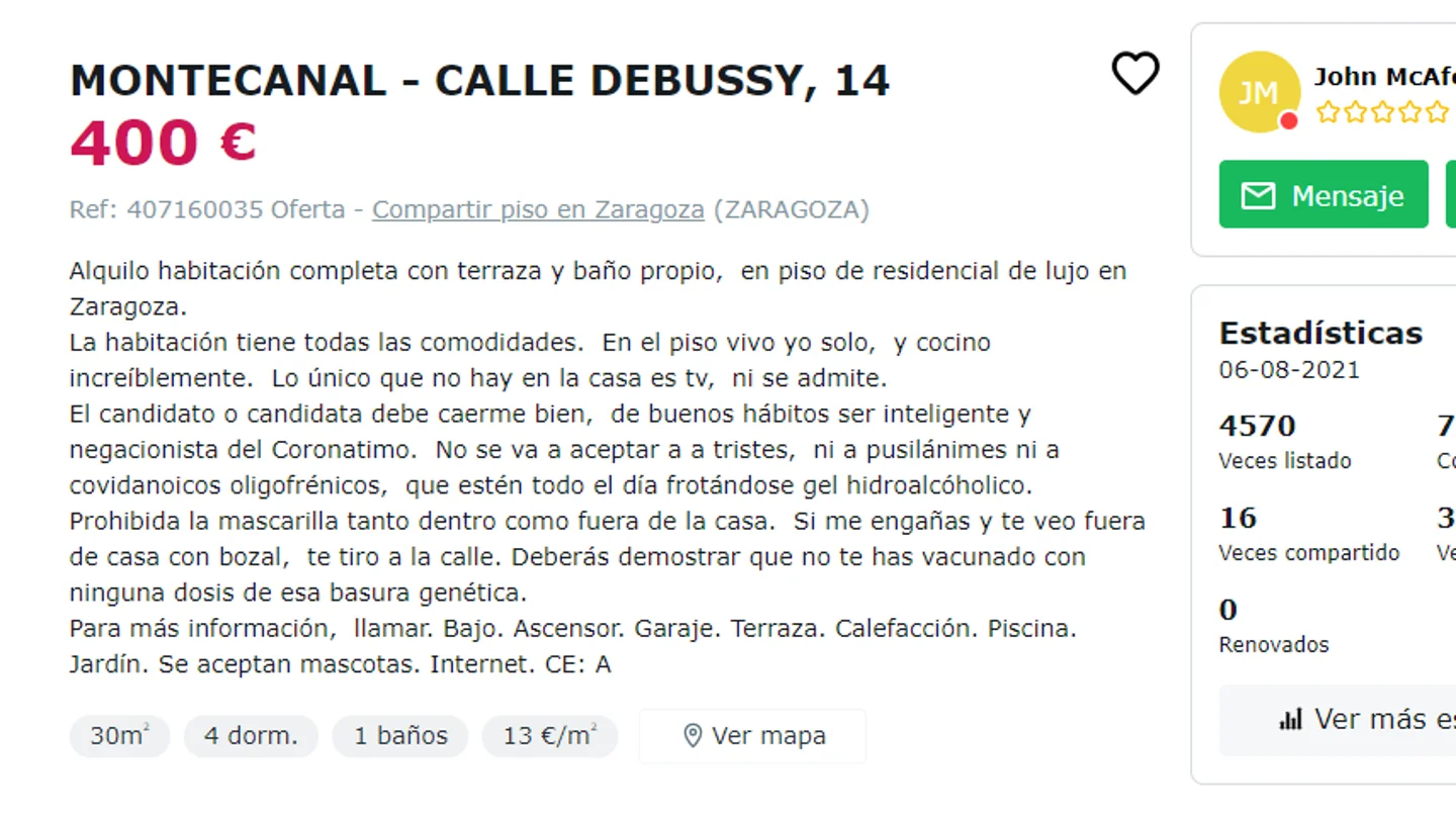 El surrealista anuncio para alquilar una habitación: "Solo negacionistas. Si te veo con mascarilla, te echo" El surrealista anuncio para alquilar una habitación: "Solo negacionistas. Si te veo con mascarilla, te echo"