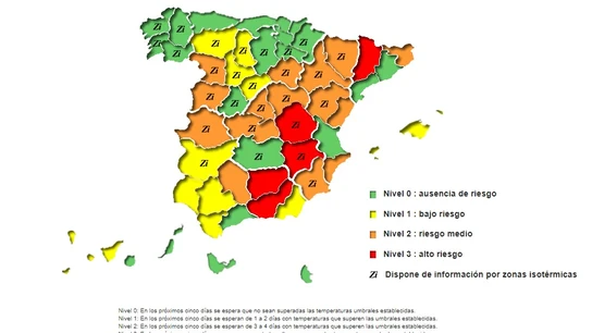 Mapa por provincias del riesgo sobre la salud por el exceso de temperaturas Mapa por provincias del riesgo sobre la salud por el exceso de temperaturas