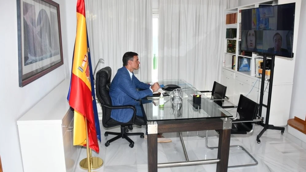 Pedro Sánchez, en una reunión por videoconferencia