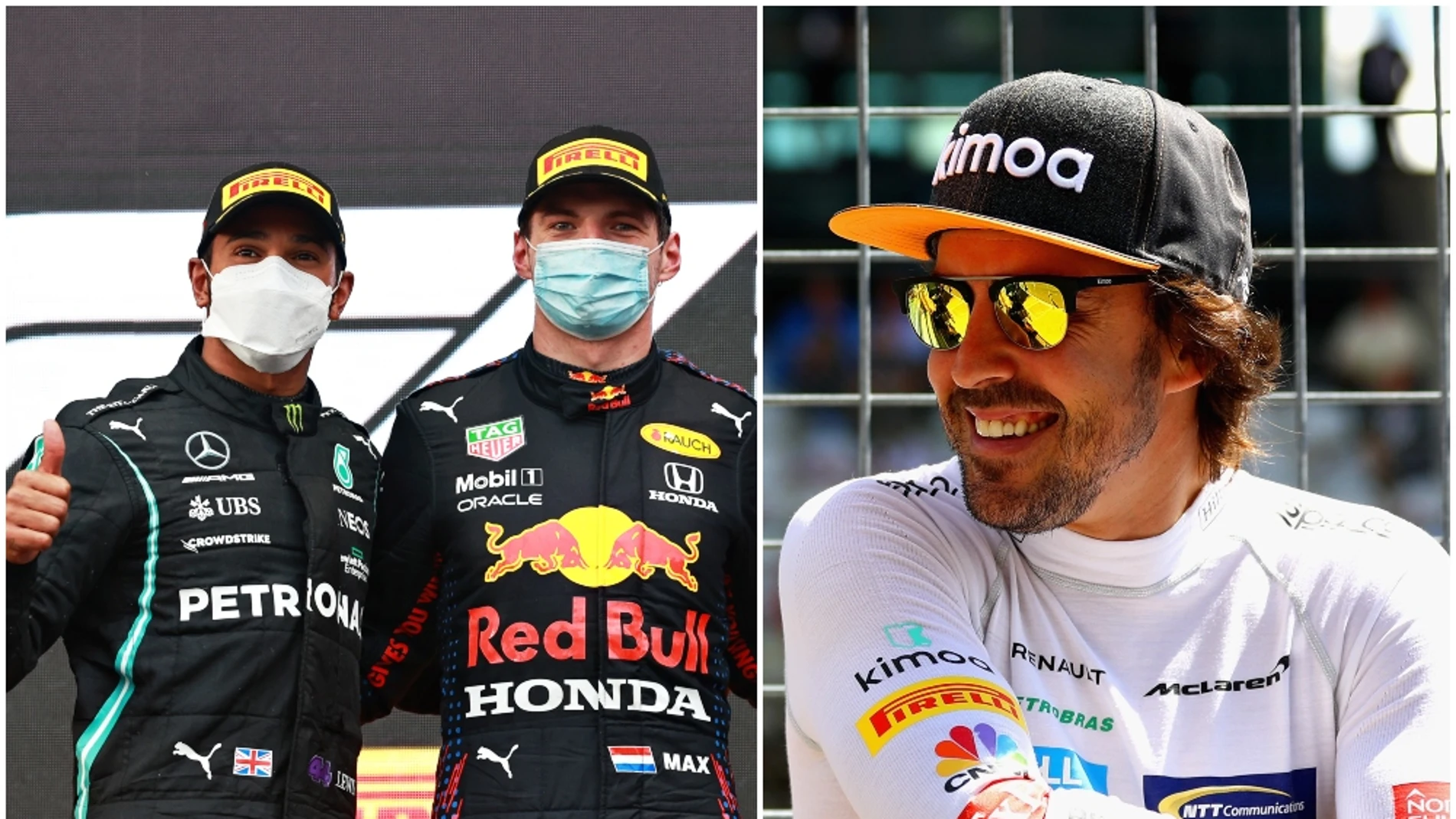 Lewis Hamilton, Max Verstappen y Fernando Alonso