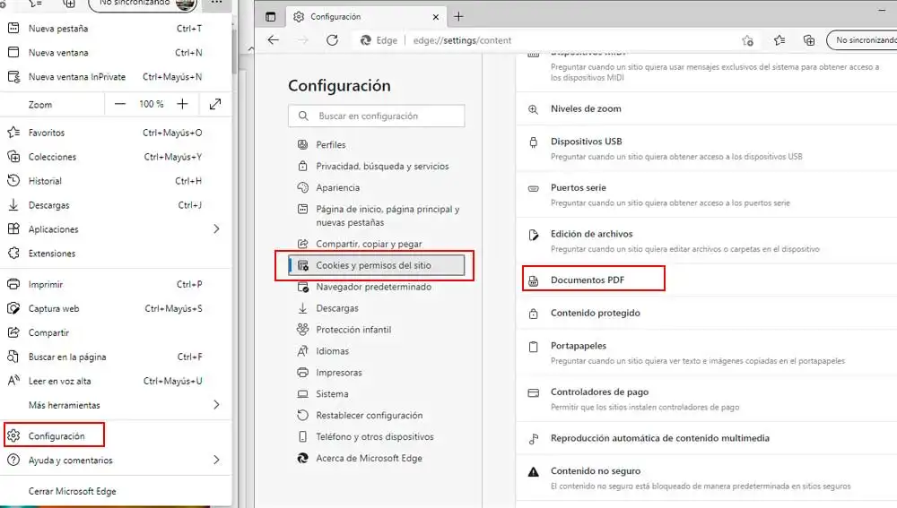 Opciones de configuración de Microsoft Edge