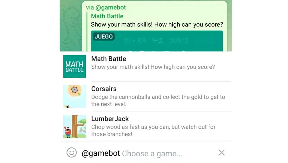 Opciones de juego en Gamebot