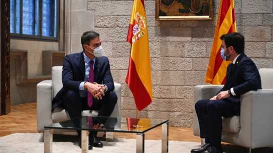 El presidente del Gobierno, Pedro Sánchez, durante su reunión con el presidente de la Generalitat, Pere Aragonès, en Barcelona. El presidente del Gobierno, Pedro Sánchez, durante su reunión con el presidente de la Generalitat, Pere Aragonès, en Barcelona.