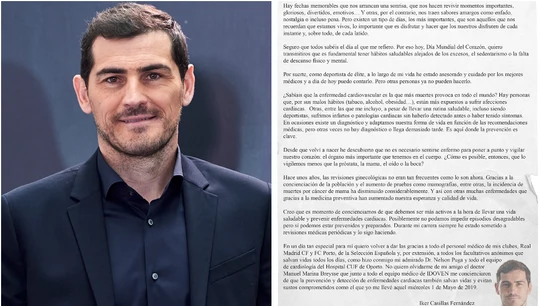 El concienciador mensaje de Iker Casillas en el Día Mundial del Corazón: "La prevención es clave" El concienciador mensaje de Iker Casillas en el Día Mundial del Corazón: "La prevención es clave"