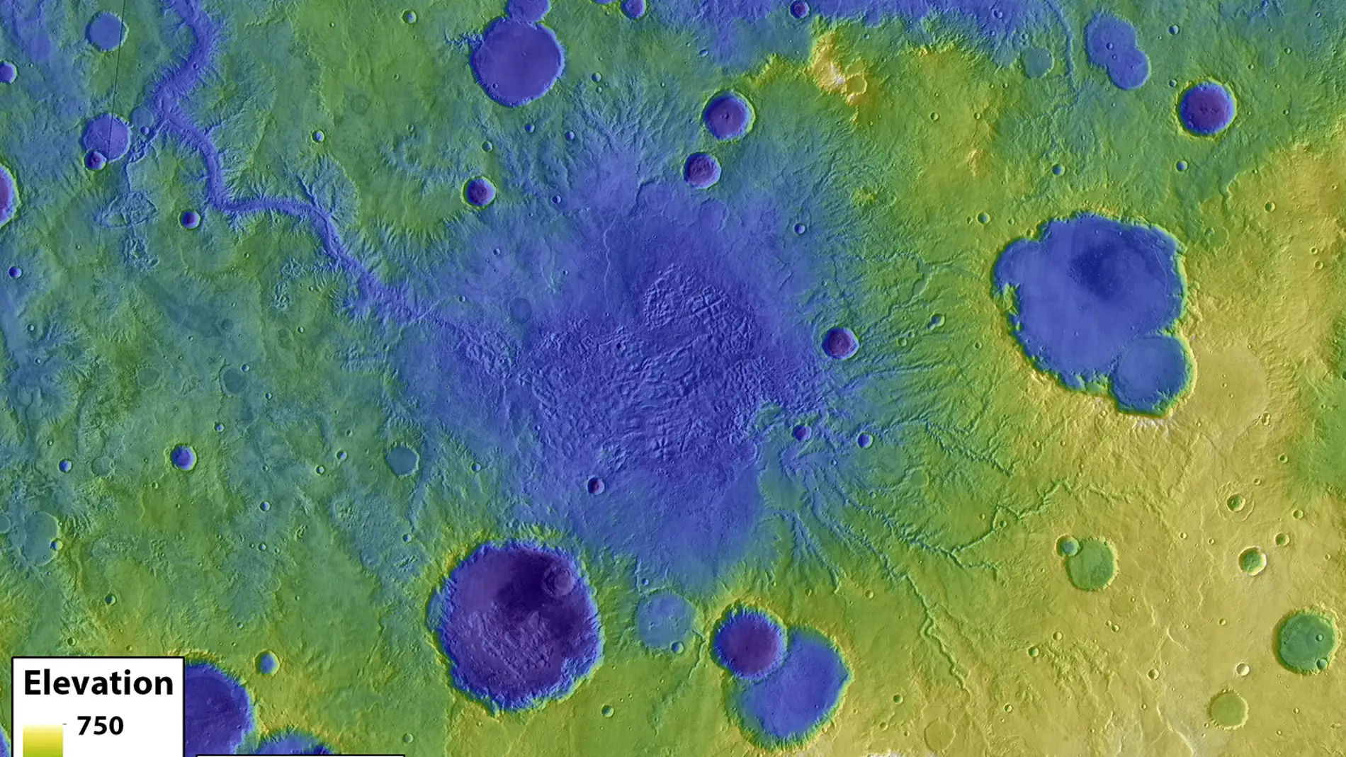 Antiguos cráteres de Marte, con un caño de salida en uno de ellos