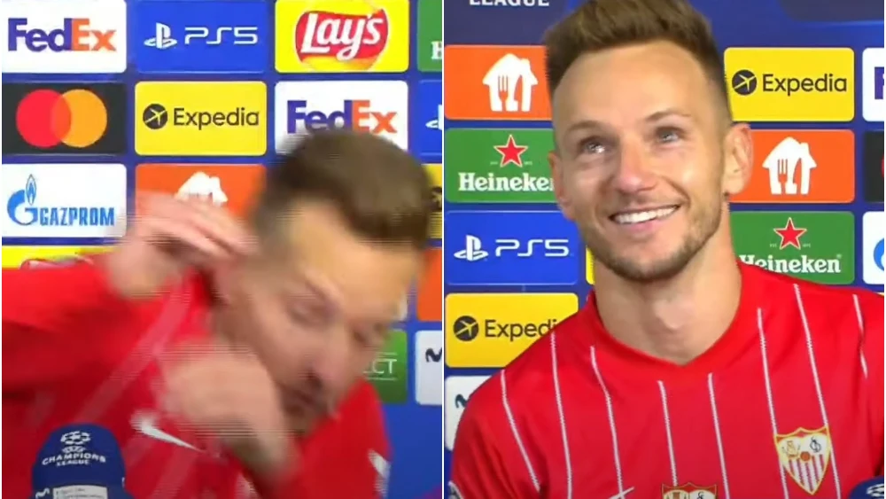 Reacción de 'señor' de Rakitic después de que le tiren un vaso de cerveza en plena entrevista