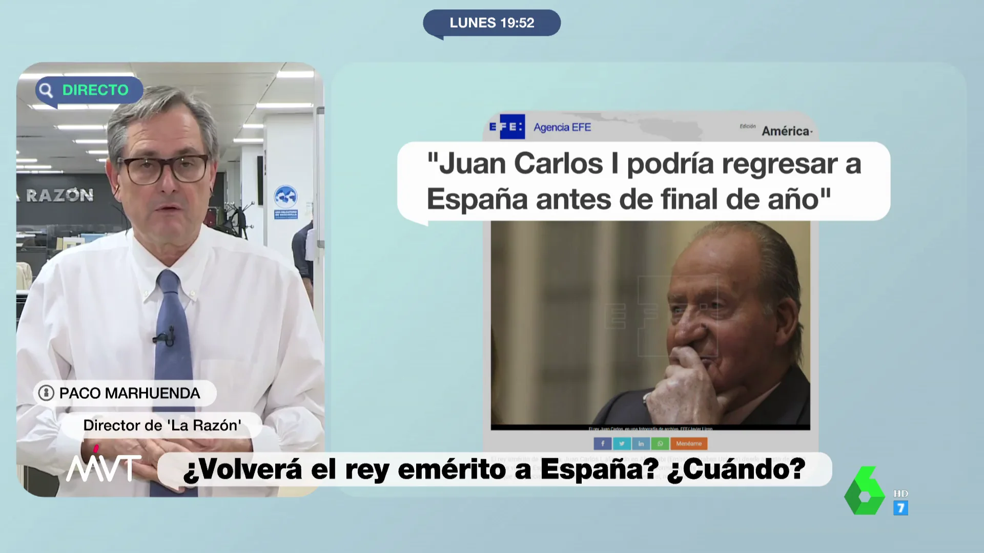 Francisco Marhuenda descarta un viaje inminente de Juan Carlos I a España: "No tiene absolutamente nada decidido" Francisco Marhuenda descarta un viaje inminente de Juan Carlos I a España: "No tiene absolutamente nada decidido"