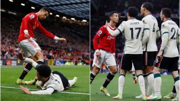 Cristiano Ronaldo perdió la cabeza y pateó a Curtis Jones en la 'manita' del Liverpool al United