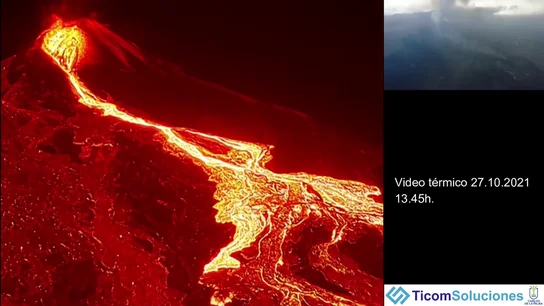 Vista aérea del volcán de La Palma y las coladas con cámara térmica Vista aérea del volcán de La Palma y las coladas con cámara térmica