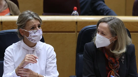 Las vicepresidentas Yolanda Díaz y Nadia Calviño durante una sesión de control al Gobierno. Las vicepresidentas Yolanda Díaz y Nadia Calviño durante una sesión de control al Gobierno.