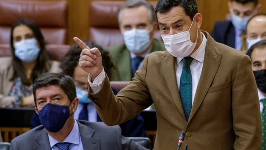 El presidente de la Junta de Andalucía, Juanma Moreno, junto al vicepresidente, Juan Marín, en una intervención en el Parlamento. El presidente de la Junta de Andalucía, Juanma Moreno, junto al vicepresidente, Juan Marín, en una intervención en el Parlamento.