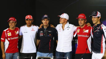 Felipe Massa, Lewis Hamilton, Sebastian Vettel, Michael Schumacher, Fernando Alonso y Bruno Senna