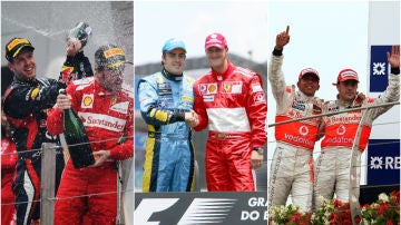 Fernando Alonso con Sebastian Vettel, Michael Schumacher y Lewis Hamilton 