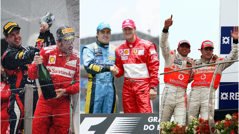 Fernando Alonso con Sebastian Vettel, Michael Schumacher y Lewis Hamilton 