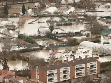 Vista aérea de las huertas tras las inundaciones ocasionadas por el desbordamiento río Arga a su paso por Huarte en Navarra