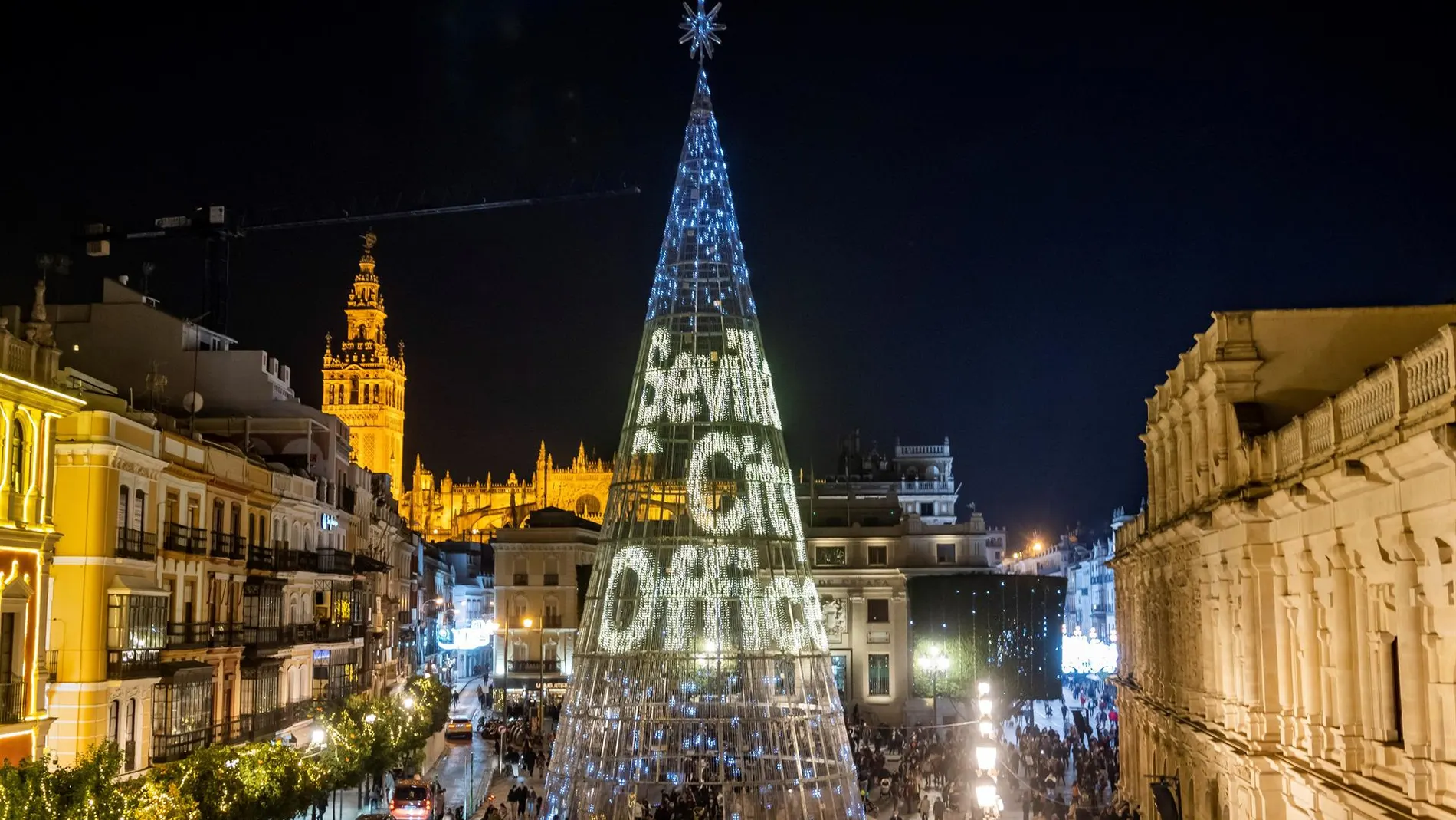 Vista de la plaza de Sevilla en la que está colocado el árbol de luces LED más grande de Europa.