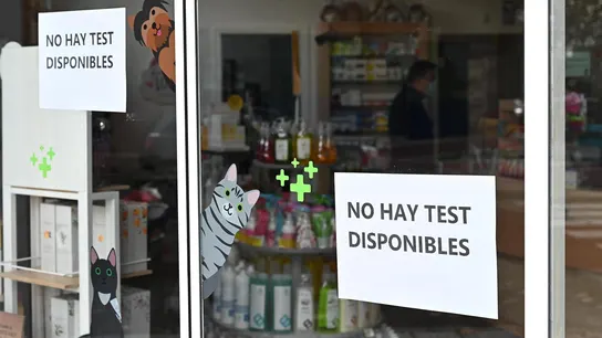 Detalle de un cartel informativo sobre la no disponibilidad de test de antígenos a la venta en una farmacia de Madrid Detalle de un cartel informativo sobre la no disponibilidad de test de antígenos a la venta en una farmacia de Madrid