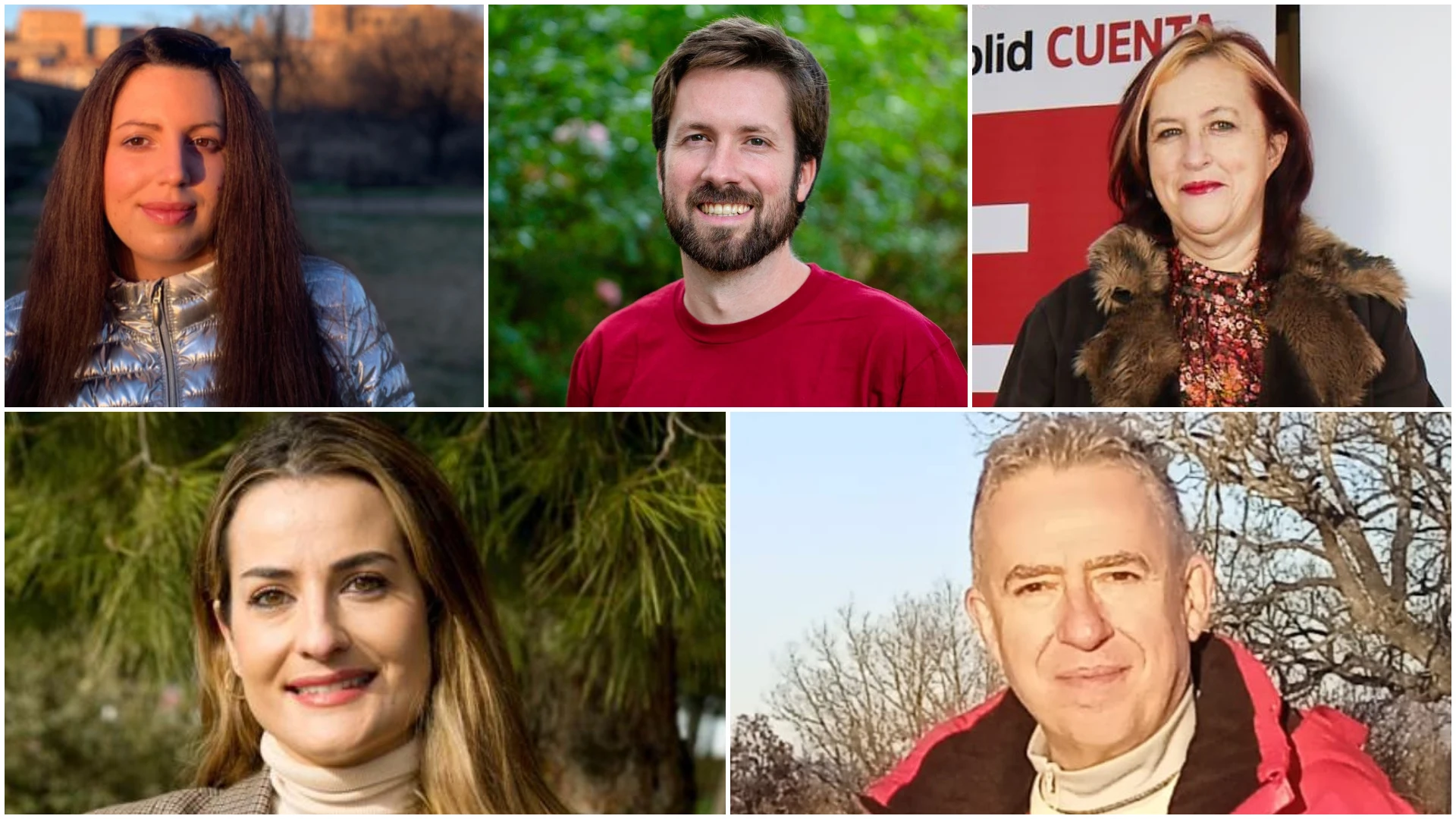 Los candidatos de España Vaciada, de izquierda a derecha y arriba a abajo: Verónica Santos (Salamanca), José Ramón González (Burgos), Nieves Trigueros (Palenica), Cristina Blanco (Valladolid) y Ángel Ceña (Soria).