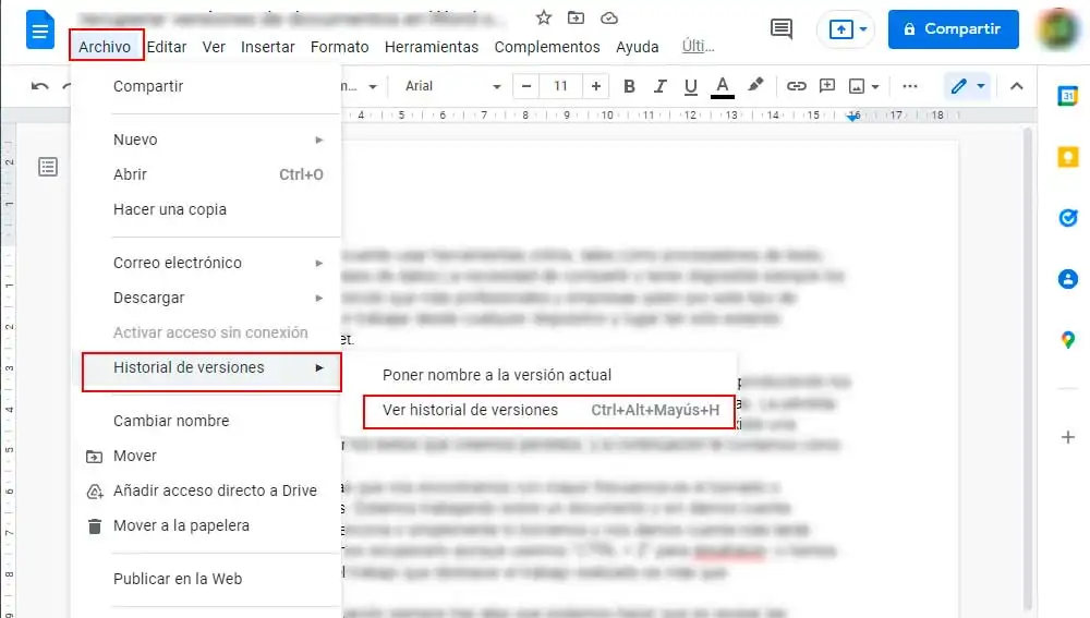 Accediendo al menú historial de versiones Accediendo al menú historial de versiones