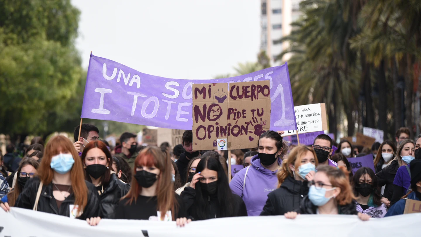 Varias personas con carteles participan en una manifestación estudiantil feminista por el 8M, Día Internacional de la Mujer, a 8 de marzo de 2022, en Valencia, Comunidad Valenciana (España). Varias personas con carteles participan en una manifestación estudiantil feminista por el 8M, Día Internacional de la Mujer, a 8 de marzo de 2022, en Valencia, Comunidad Valenciana (España).
