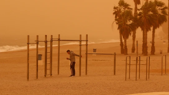 Episodio de calima y lluvia de barro en España en 2022 Un hombre hace deporte en la playa de Roquetas
