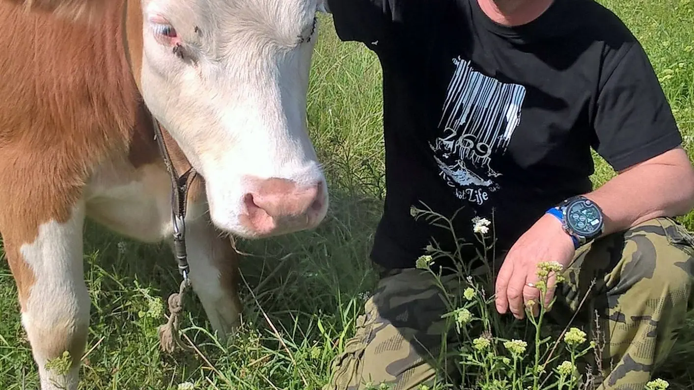 El italiano Andrea Cisternino, en una imagen de archivo junto a una de las vacas que mantiene en su refugio