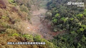Un dron graba la zona en la que se estrelló un avión de China Eastern