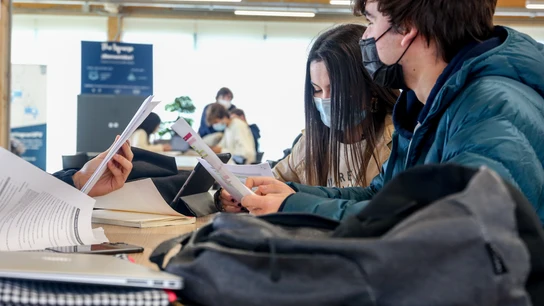 Varios alumnos estudian en la sala de una biblioteca. Varios alumnos estudian en la sala de una biblioteca.