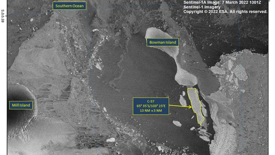 Imagen en la que se desprende de la isla de Bowman el 7 de marzo de 2022 Aumento del nivel del mar