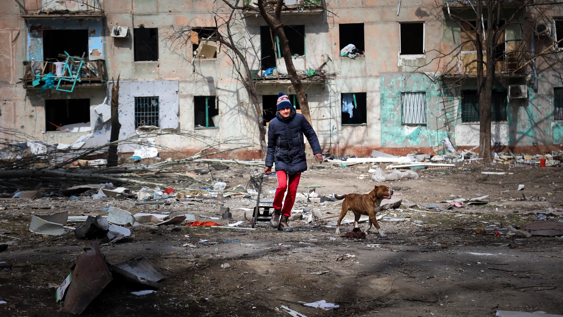Un ciudadano de Mariúpol pasea junto a su perro entre escombros.