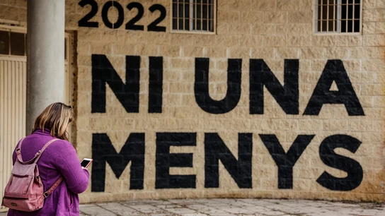 Una mujer pasa por delante de una pared donde se puede leer "Ni una menos" en un acto en memoria de las víctimas de violencia de género y sus hijas e hijos. Una mujer pasa por delante de una pared donde se puede leer "Ni una menos" en un acto en memoria de las víctimas de violencia de género y sus hijas e hijos.
