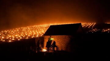 Los viticultores del municipio Chablis, en Francia, encendieron pequeños fuegos en sus viñedos en un intento de salvarlos de las heladas