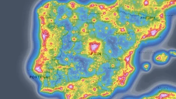 Mapa de contaminación lumínica en España 