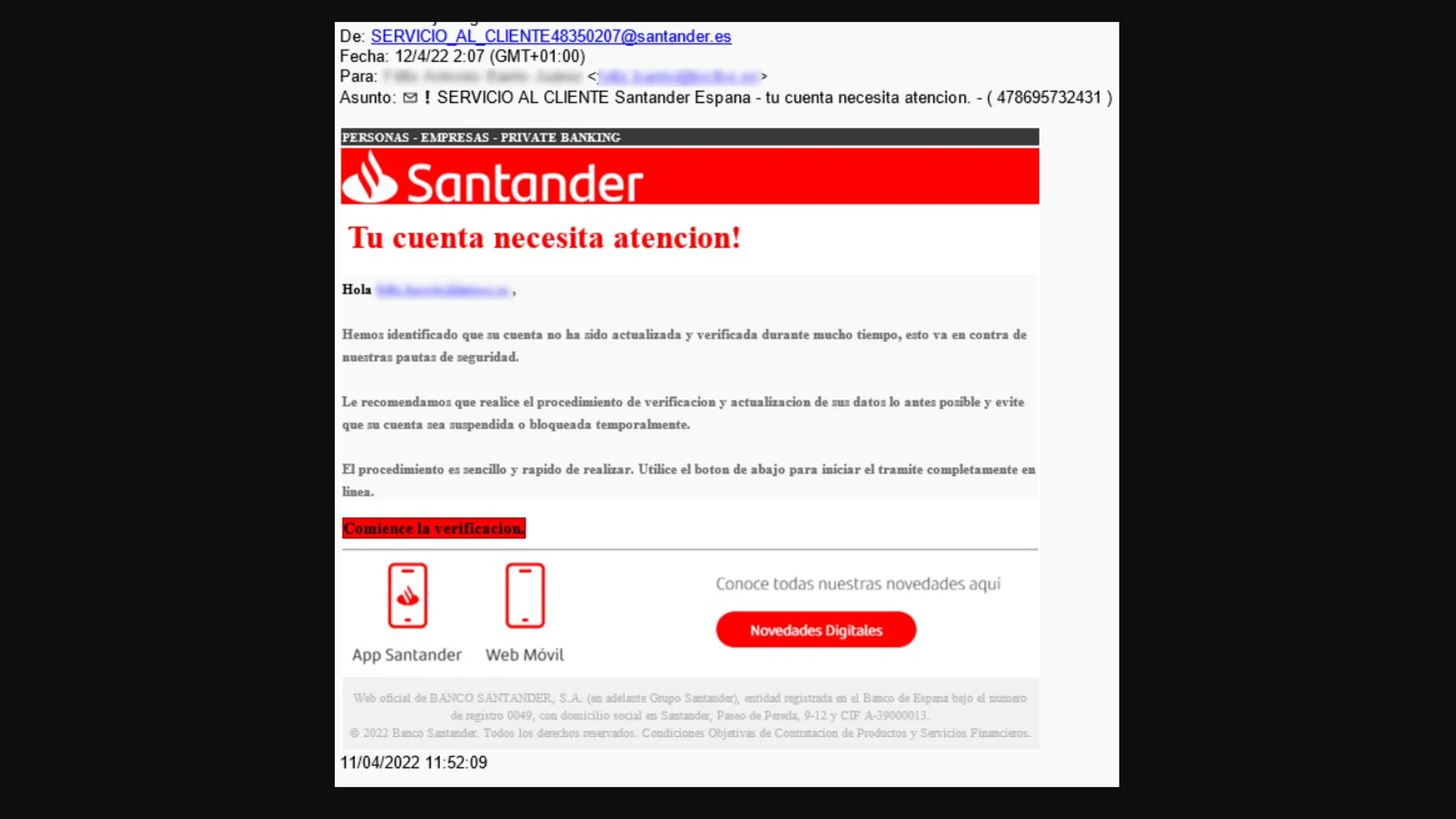 Cuidado si recibes este supuesto email del Banco Santander: es una estafa para robar tus contraseñas de acceso