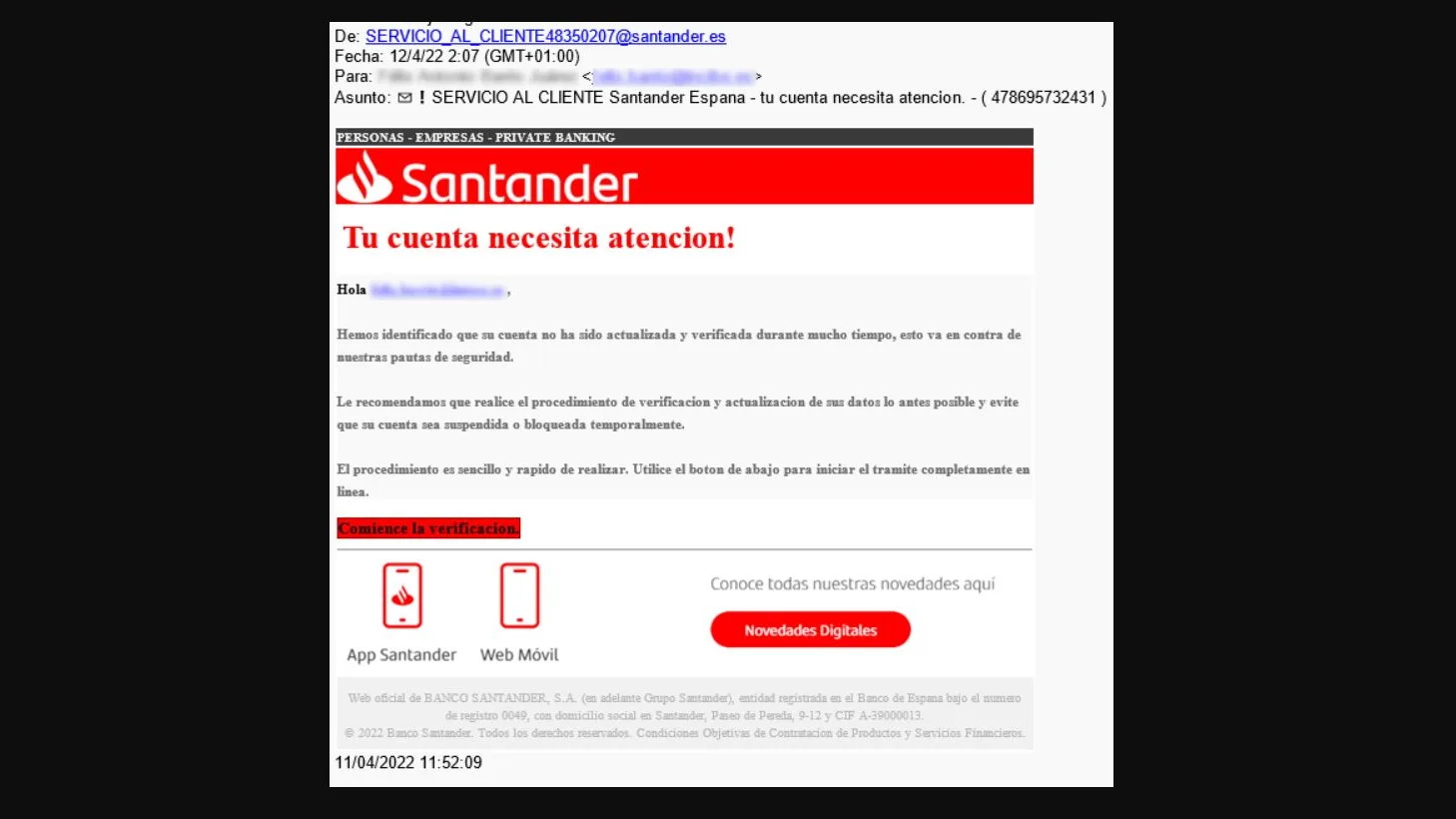 Cuidado si recibes este supuesto email del Banco Santander: es una estafa para robar tus contraseñas de acceso