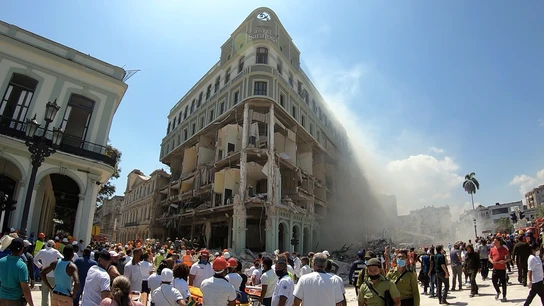 Habitantes y cuerpos de emergencia acuden a la zona tras una explosión en Hotel Saratoga, en la capital cubana. Habitantes y cuerpos de emergencia acuden a la zona tras una explosión en Hotel Saratoga, en la capital cubana.