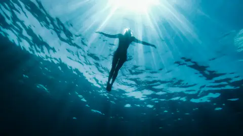Mujer buceando bajo el mar Mujer buceando bajo el mar