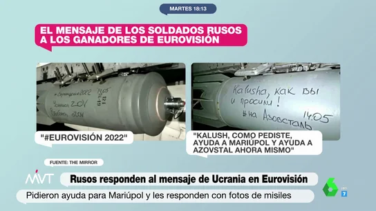 Soldados rusos responden a la petición Ucrania en Eurovisión con mensajes en misiles: "Kalush, como pediste, ayuda a Mariúpol y Azovstal" Soldados rusos responden a la petición Ucrania en Eurovisión con mensajes en misiles: "Kalush, como pediste, ayuda a Mariúpol y Azovstal"