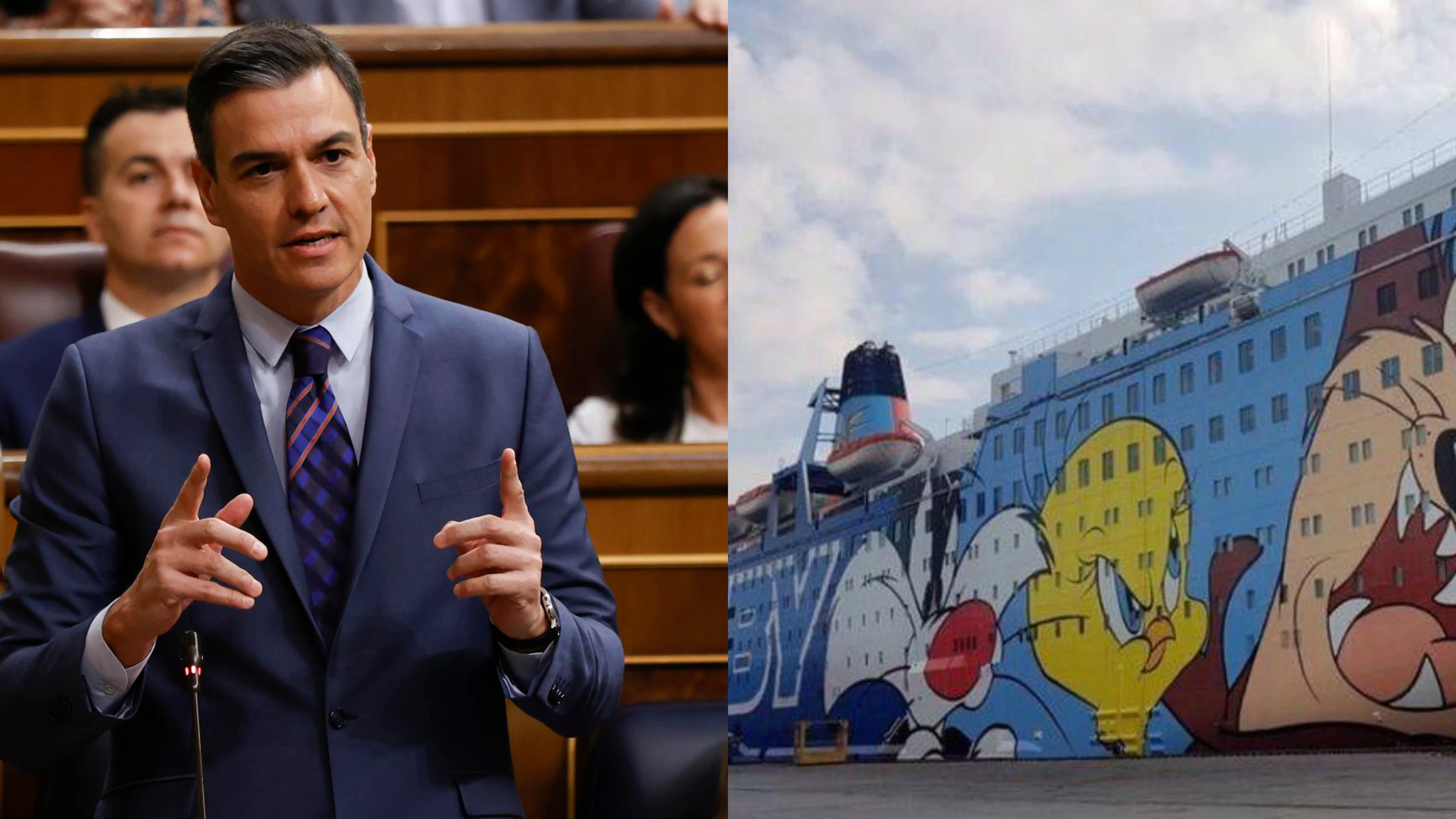Pedro Sánchez en la sesión de control y el barco que transportó a policías a Cataluña con la imagen de Piolín