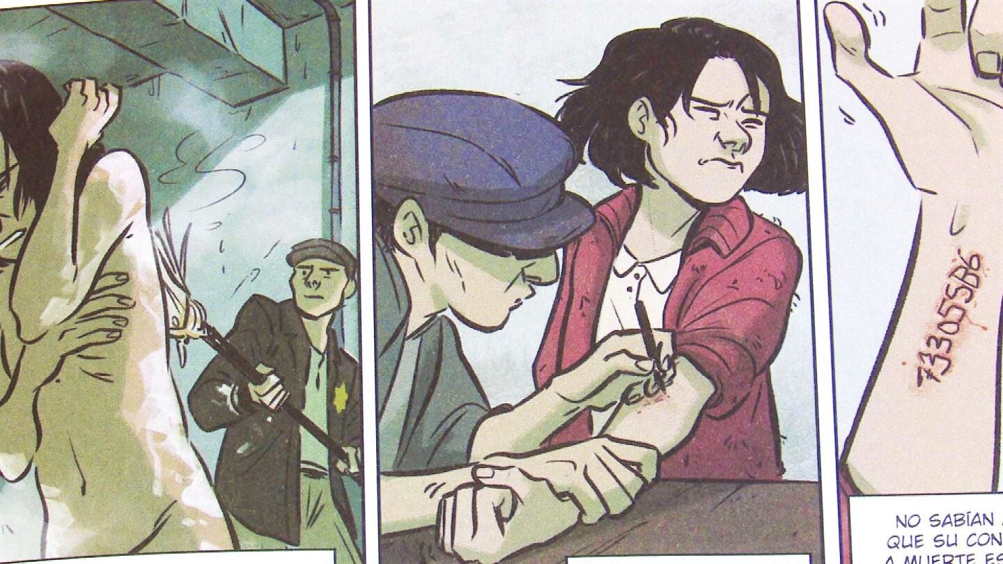 Ilustración de la novela gráfica de la Bibliotecaria de Auschwitz Ilustración de la novela gráfica de la Bibliotecaria de Auschwitz