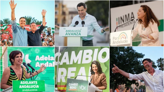 Juan Espadas, Juanma Moreno, Inma Nieto, Teresa Rodríguez, Macarena Olona y Juan Marín, en el cierre de la campaña andaluza Juan Espadas, Juanma Moreno, Inma Nieto, Teresa Rodríguez, Macarena Olona y Juan Marín, en el cierre de la campaña andaluza