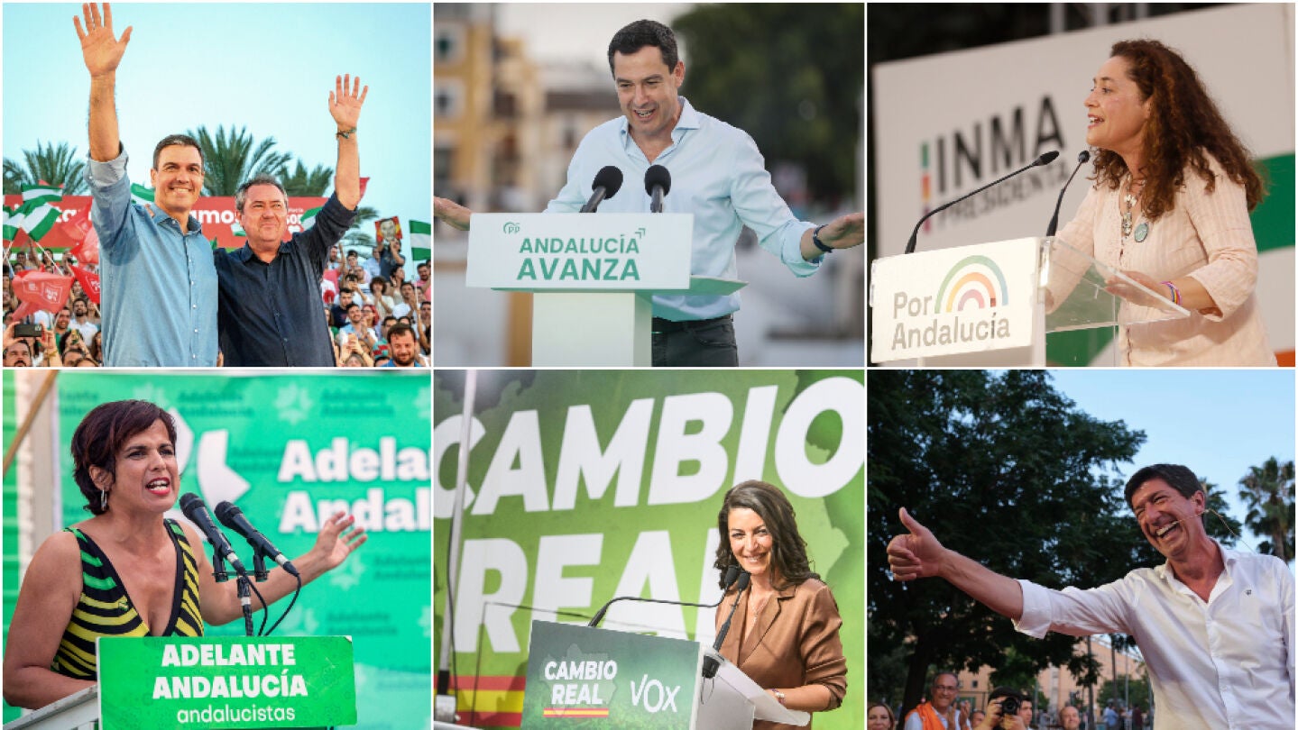 Juan Espadas, Juanma Moreno, Inma Nieto, Teresa Rodr&iacute;guez, Macarena Olona y Juan Mar&iacute;n, en el cierre de la campa&ntilde;a andaluza