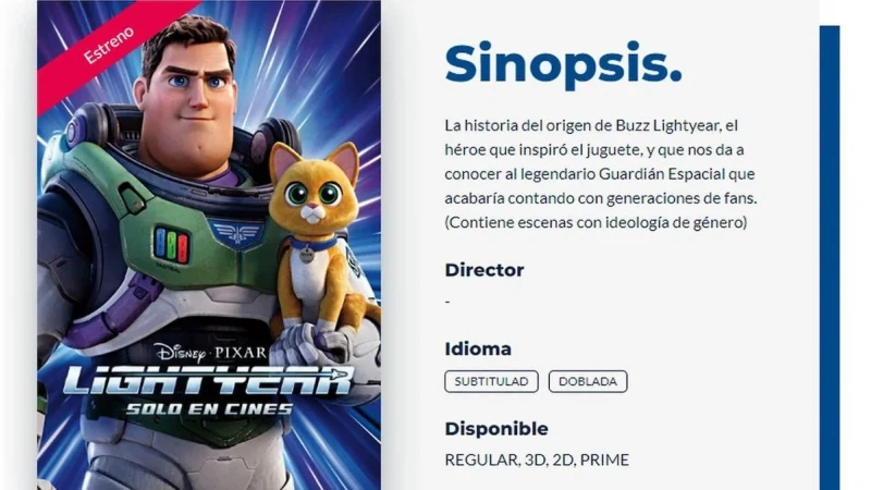 Un cartel que avisa de la "ideología de género" que contiene la película 'Lightyear'