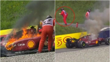 ¿En qué estaba pensando el comisario? Con Carlos Sainz atrapado en su Ferrari ardiendo, dejó el extintor y huyó 