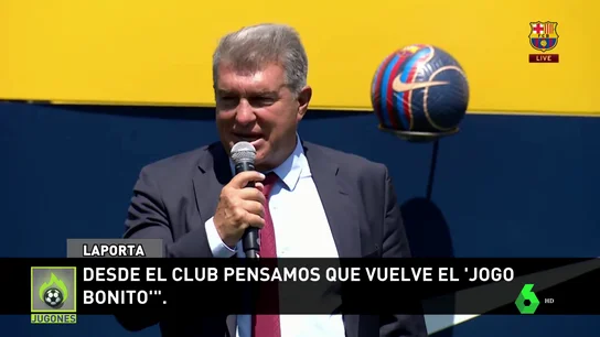 Joan Laporta se viene arriba en la presentación de Raphinha: "Vuelve el 'jogo bonito" Joan Laporta se viene arriba en la presentación de Raphinha: "Vuelve el 'jogo bonito"