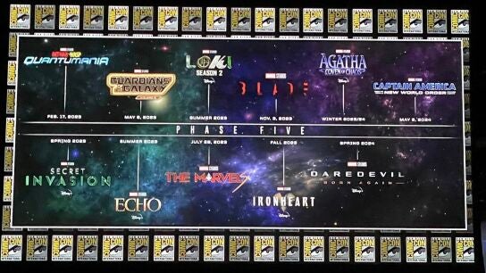 Captura del mapa de estrenos de la Fase 5 del Universo Cinematogr&aacute;fico de Marvel en la Comic-Con de San Diego 2022.